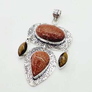 Large Goldstone Tiger Eye Ethnic Handmade Pendant Jewelry 3.12"